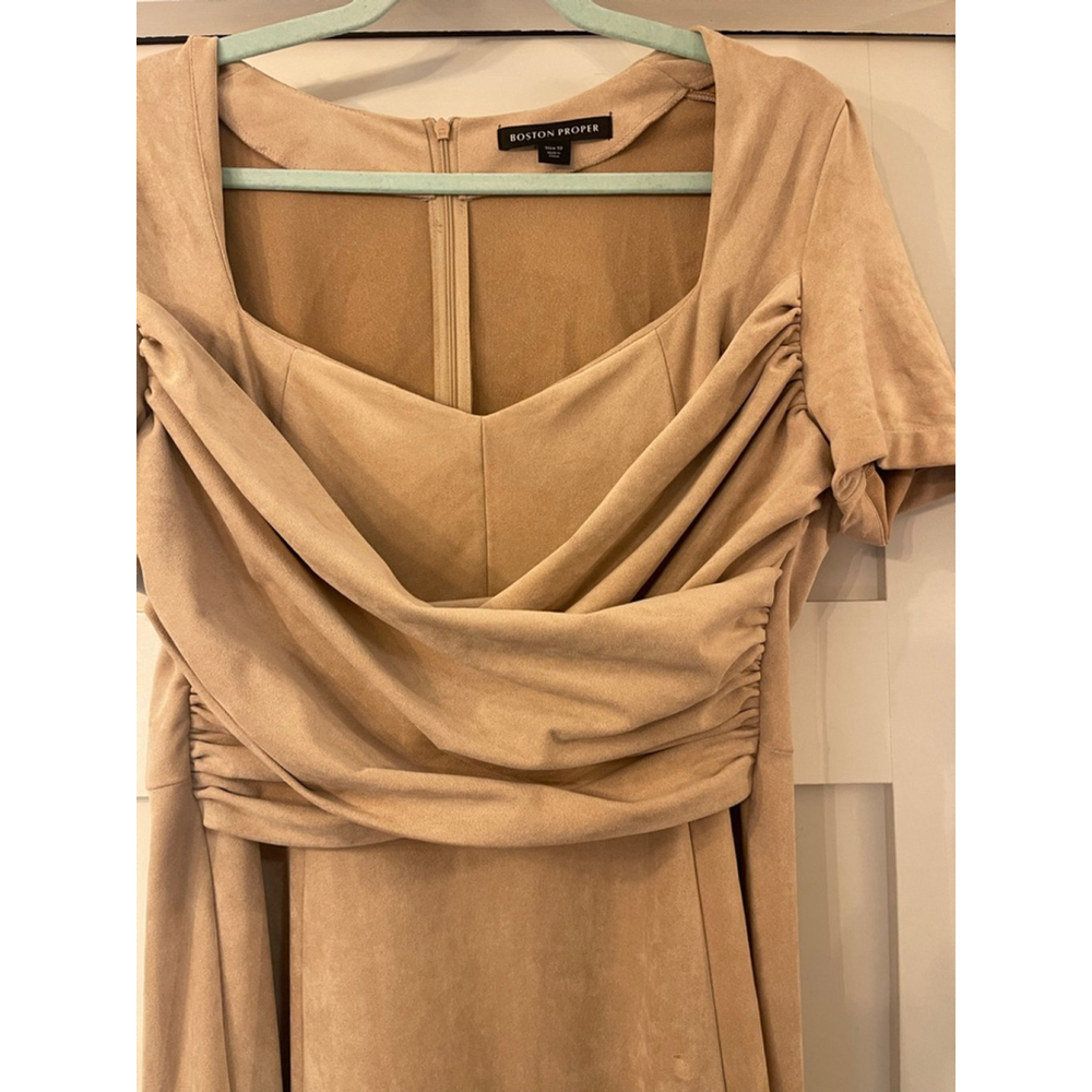 Boston Proper Draped Ruched Maxi Dress Tan Suede Look Size 12 Short Sleeve 54” L - Picture 3 of 11
